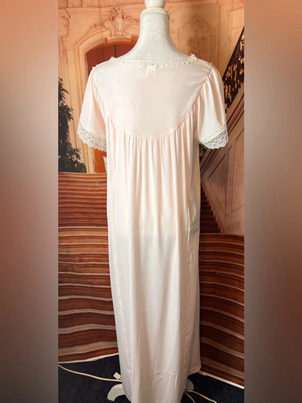NWT Christian Dior. Soft Blush Pink Maxi Nightgown with Lace Trim, size small